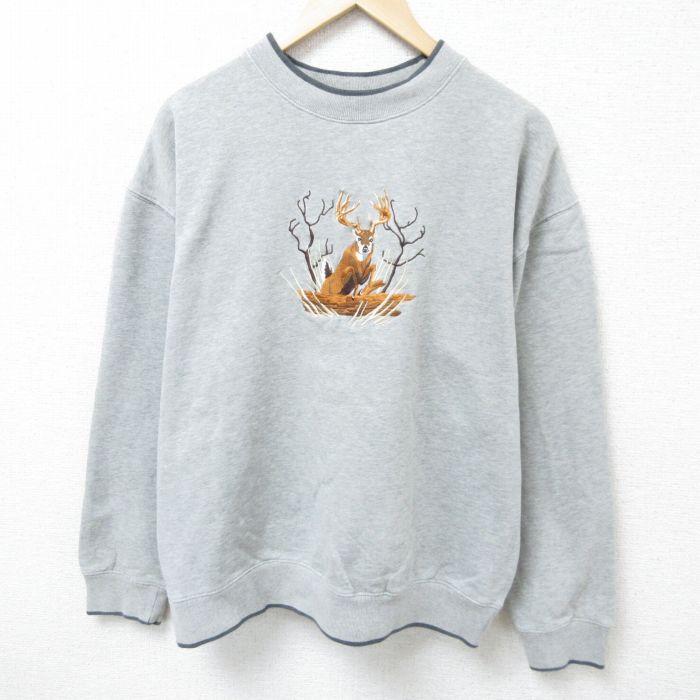 XL★古着 長袖 スウェット メンズ 00年代 00s シカ 刺繍 クルーネック グレー 霜降り 24oct03 中古 スエット トレーナー トップス