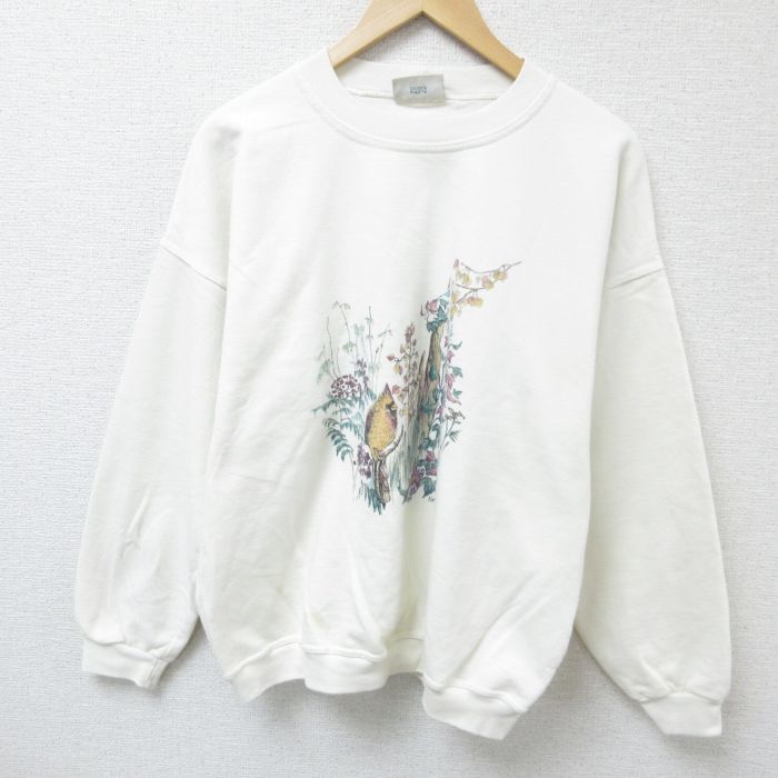 L★古着 長袖 スウェット メンズ 00年代 00s 鳥 葉 クルーネック 白 ホワイト 24oct03 中古 スエット トレーナー トップス