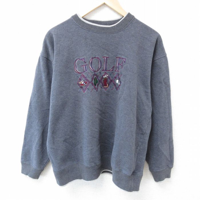 L★古着 長袖 スウェット メンズ 00年代 00s ゴルフ 刺繍 クルーネック 濃グレー 霜降り 24oct03 中古 スエット トレーナー トップス