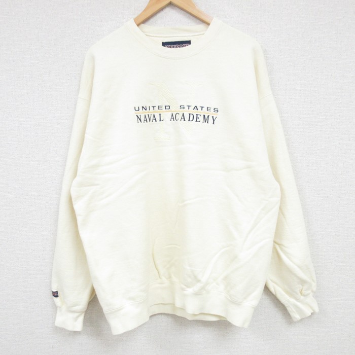L★古着 ジャンスポーツ 長袖 スウェット メンズ 00年代 00s ミリタリー NAVAL ACADEMY 刺繍 クルーネック 薄黄 イエロー 24oct08 中古 スエット トレーナー トップス