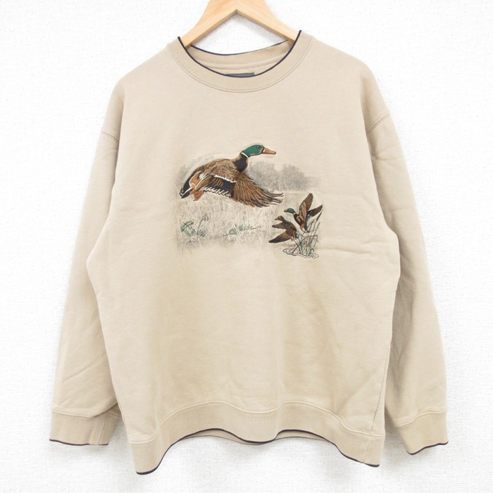 L★古着 長袖 スウェット メンズ 鳥 刺繍 クルーネック ベージュ カーキ 24oct08 中古 スエット トレーナー トップス