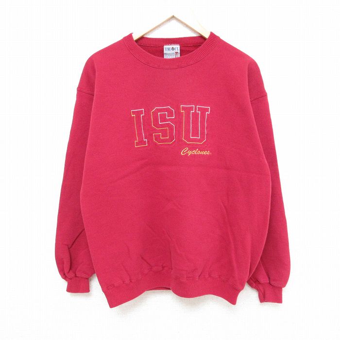 【50%OFF】M★古着 長袖 スウェット メンズ 00年代 00s ISU 刺繍 クルーネック USA製 赤 レッド 24oct07 中古 スエット トレーナー トップス