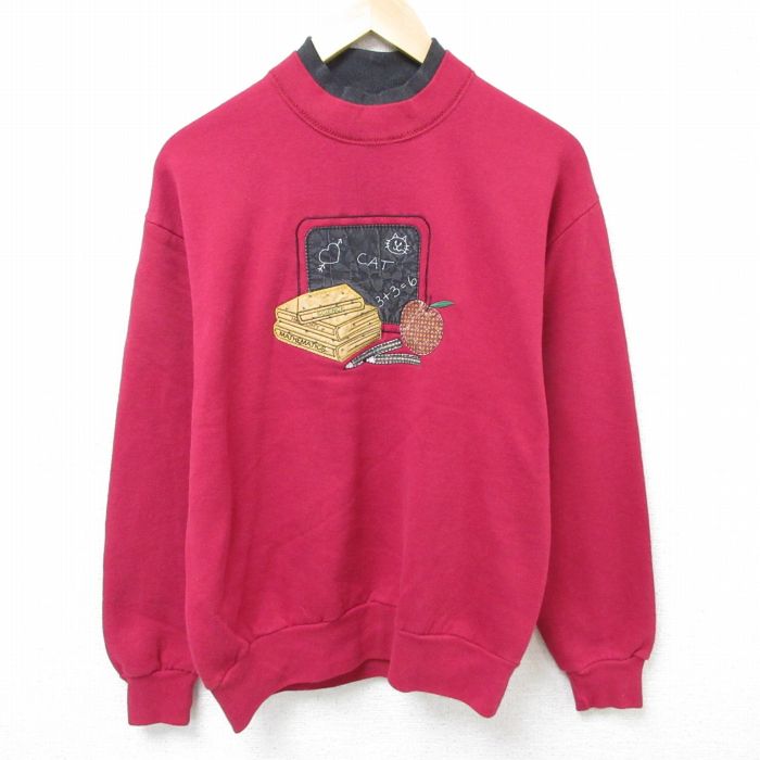 M★古着 長袖 スウェット メンズ 90年代 90s リンゴ 本 刺繍 クルーネック USA製 赤 レッド 24oct08 中古 スエット トレーナー トップス