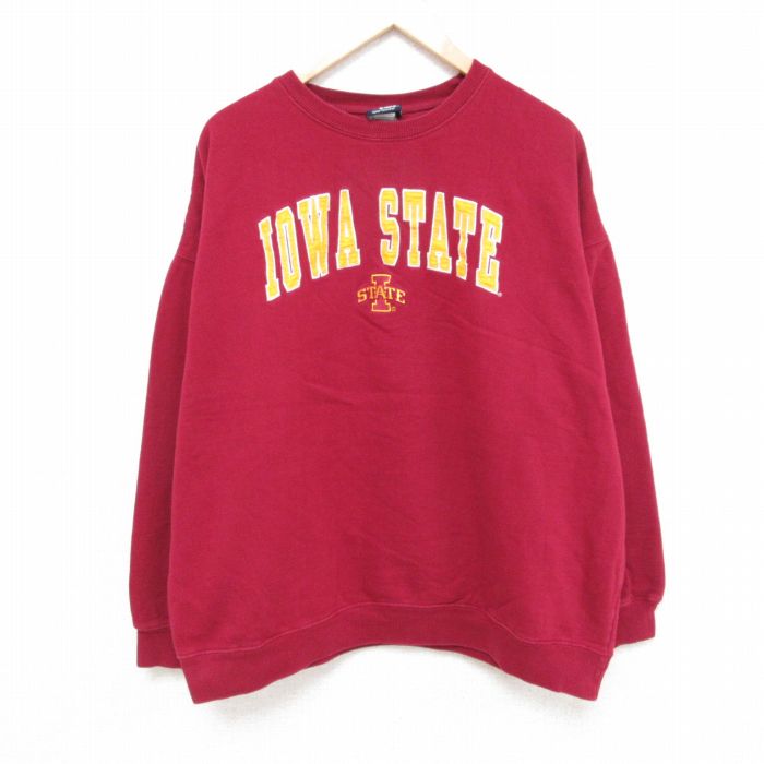 【50%OFF】XL★古着 長袖 スウェット メンズ 00年代 00s アイオワ 刺繍 大きいサイズ クルーネック 赤 レッド 24oct10 中古 スエット トレーナー トップス