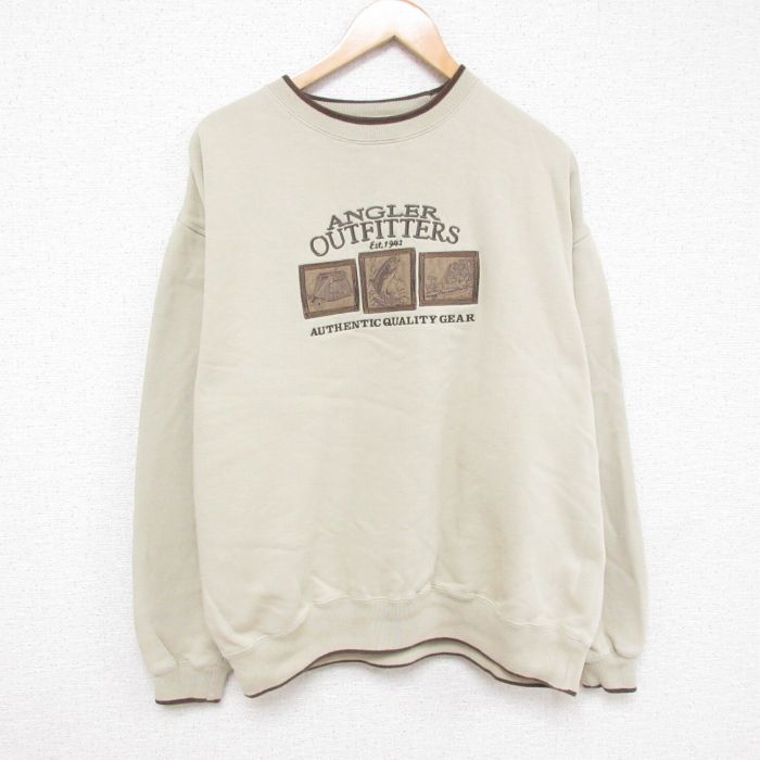 【20%OFF】XL★古着 長袖 スウェット メンズ 00年代 00s 魚 刺繍 大きいサイズ クルーネック ベージュ カーキ 24oct10 中古 スエット トレーナー トップス