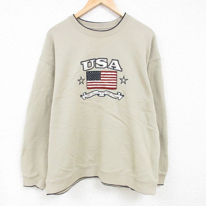 【50%OFF】XL★古着 長袖 スウェット メンズ USAロゴ 星条旗 刺繍 大きいサイズ クルーネック ベージュ カーキ 24oct10 中古 スエット トレーナー トップス