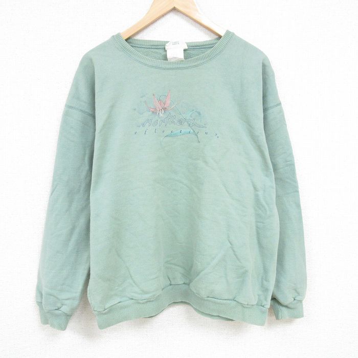 XL★古着 長袖 スウェット メンズ 00年代 00s 花 大きいサイズ クルーネック 紺 ネイビー 24oct10 中古 スエット トレーナー トップス