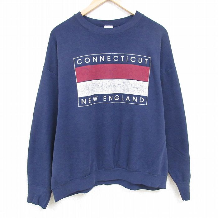 XL★古着 長袖 スウェット メンズ 90年代 90s コネチカット ニューイングランド 大きいサイズ クルーネック USA製 紺 ネイビー 24oct10 中古 スエット トレーナー トップス