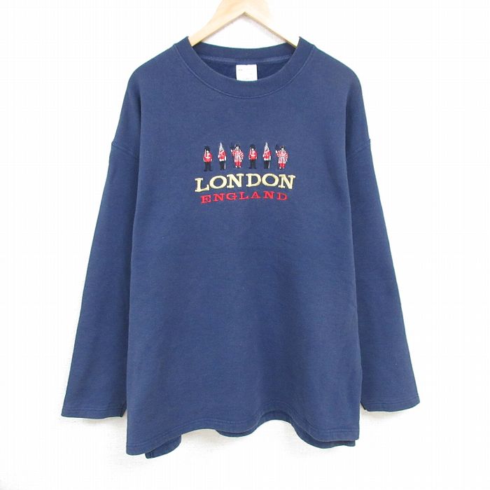 XL★古着 フルーツオブザルーム 長袖 スウェット メンズ 00年代 00s ロンドン 刺繍 大きいサイズ クルーネック 紺 ネイビー 24oct10 中古 スエット トレーナー トップス