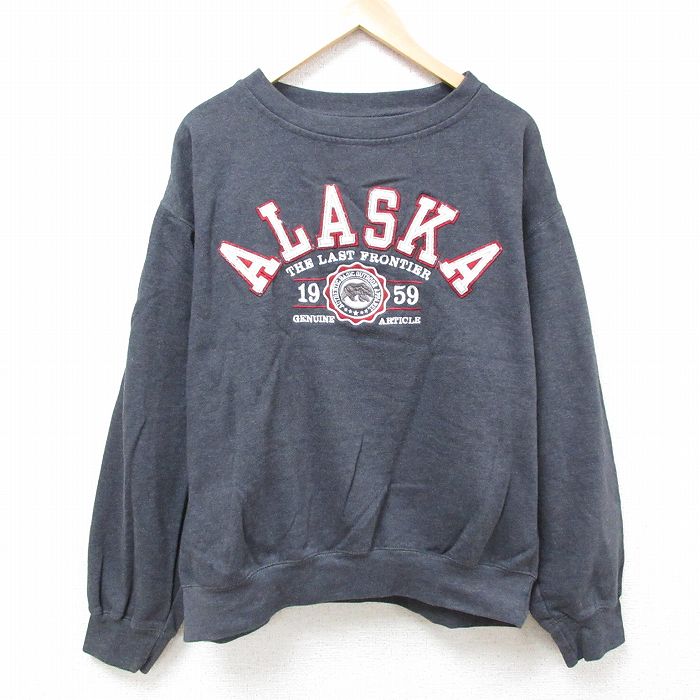 【50%OFF】XL★古着 長袖 スウェット メンズ 00年代 00s アラスカ 刺繍 大きいサイズ クルーネック 濃グレー 霜降り 24oct11 中古 スエット トレーナー トップス