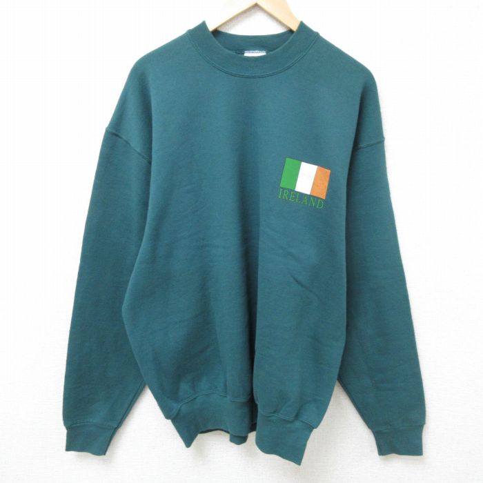 XL★古着 長袖 スウェット メンズ 90年代 90s アイルランド クルーネック USA製 濃緑 グリーン 24oct12 中古 スエット トレーナー トップス