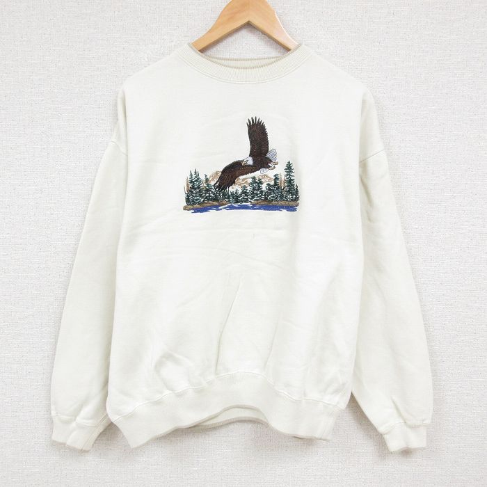 XL★古着 長袖 スウェット メンズ 00年代 00s ワシ 刺繍 大きいサイズ クルーネック 生成り 24oct21 中古 スエット トレーナー トップス