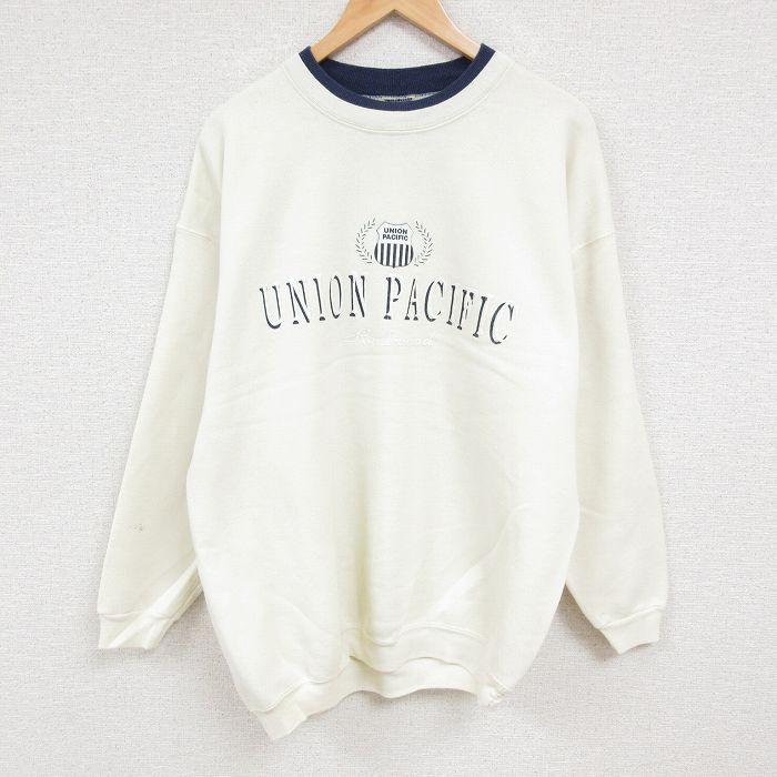 XL★古着 長袖 スウェット メンズ 90年代 90s ユニオンパシフィック鉄道 大きいサイズ クルーネック USA製 生成り 24oct21 中古 スエット トレーナー トップス