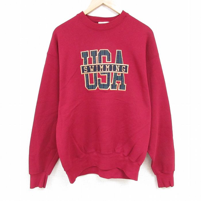 XL★古着 長袖 スウェット メンズ 00年代 00s スイミング 刺繍 クルーネック エンジ 24oct21 中古 スエット トレーナー トップス