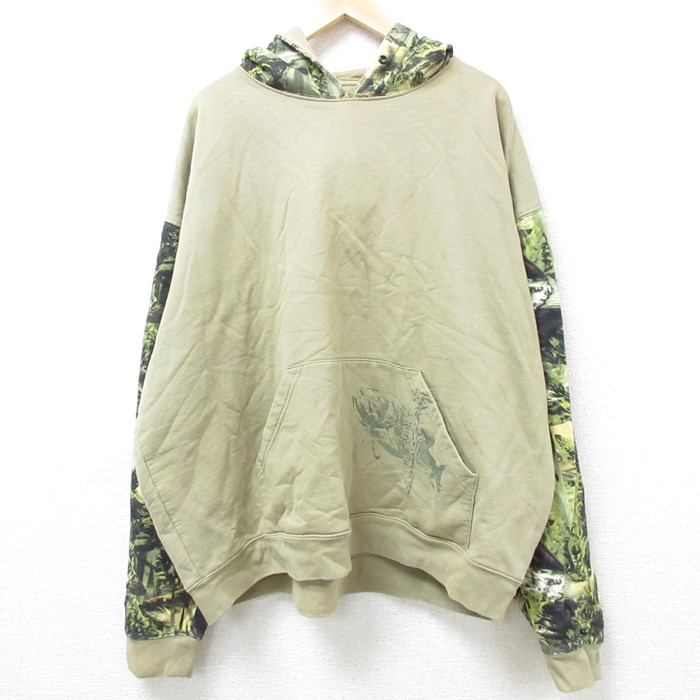 XL★古着 長袖 スウェット パーカー メンズ 00年代 00s 魚 大きいサイズ 薄緑 グリーン 迷彩 24oct15 中古 スエット トレーナー トップス