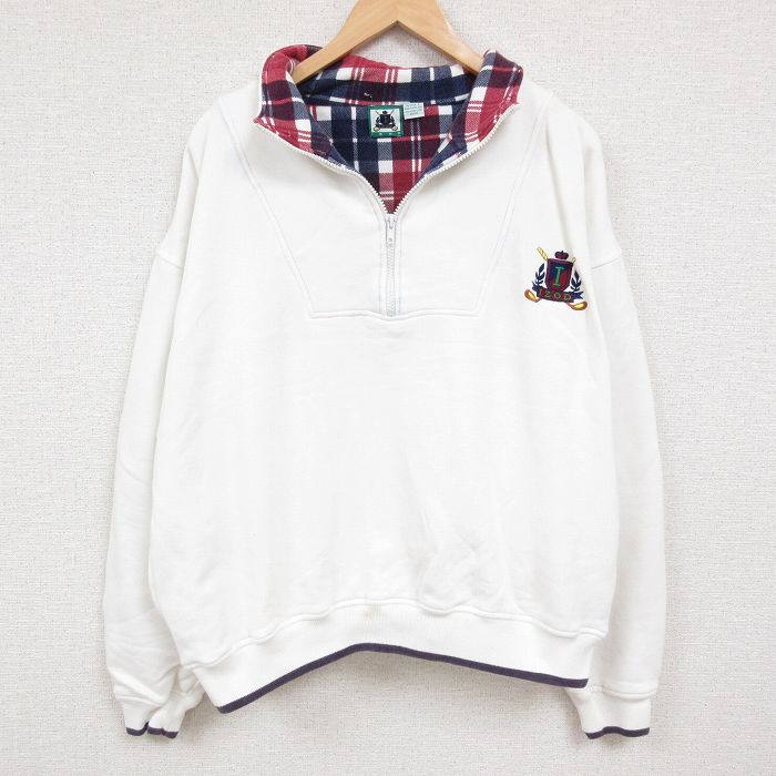 XL★古着 IZOD 長袖 ハーフジップ スウェット メンズ 90年代 90s ワンポイントロゴ 大きいサイズ 白 ホワイト 24oct22 中古 スエット トレーナー トップス