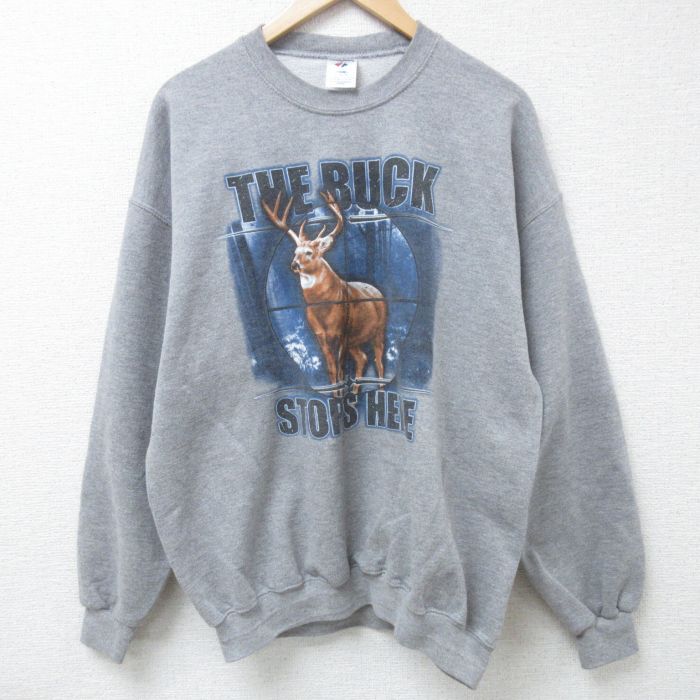 【50%OFF】XL★古着 ジャージーズ 長袖 スウェット メンズ 00年代 00s THE BUCK STOP HERE シカ クルーネック グレー 霜降り 24oct24 中古 スエット トレーナー トップス