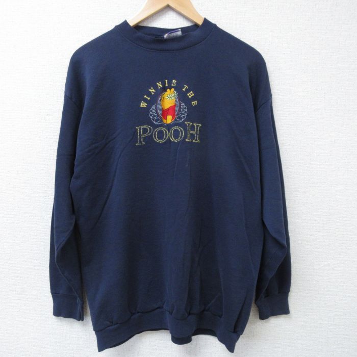 【50%OFF】M★古着 長袖 スウェット メンズ ディズニー DISNEY くまのプーさん 刺繍 クルーネック 紺 ネイビー 24oct24 中古 スエット トレーナー トップス