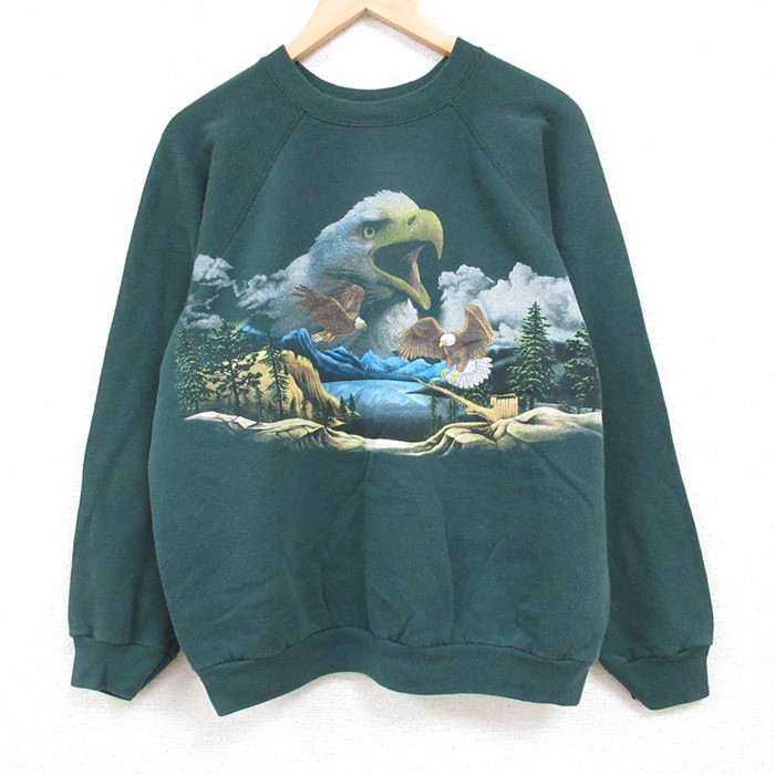 L★古着 長袖 スウェット メンズ 90年代 90s 鳥 木 ラグラン クルーネック USA製 緑 グリーン 24oct23 中古 スエット トレーナー トップス
