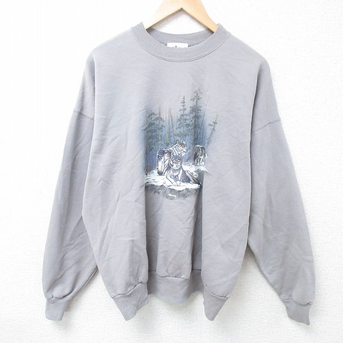 【50%OFF】XL★古着 長袖 スウェット メンズ 00年代 00s オオカミ 刺繍 大きいサイズ クルーネック グレー 24oct19 中古 スエット トレーナー トップス