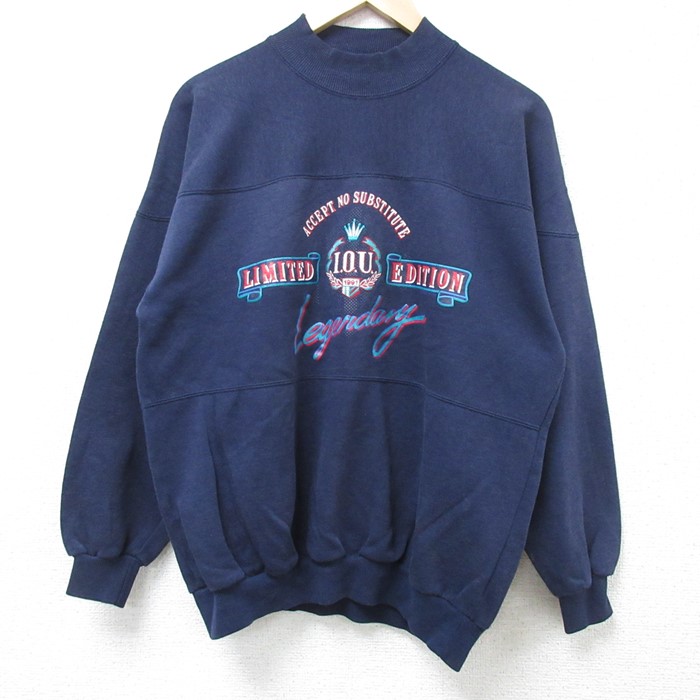 L★古着 IOU 長袖 スウェット メンズ 90年代 90s ビッグロゴ モックネック ハイネック 紺 ネイビー 24oct28 中古 スエット トレーナー トップス