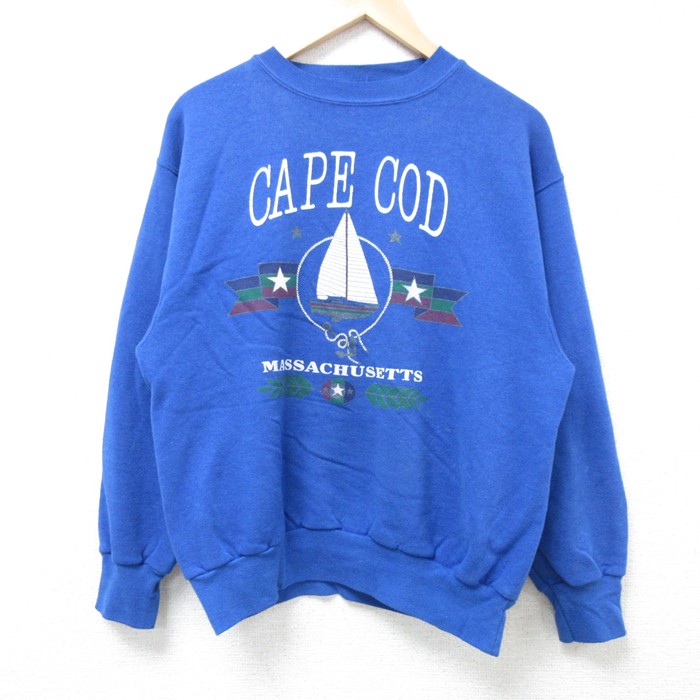 M★古着 ライトニングボルト 長袖 スウェット メンズ 80年代 80s ケープコッド ヨット クルーネック USA製 青 ブルー 24oct28 中古 スエット トレーナー トップス