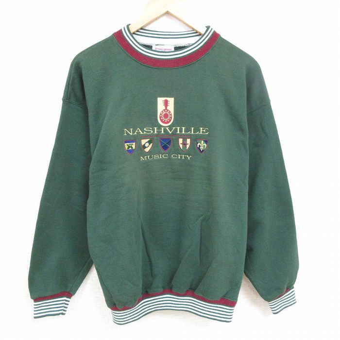 【50%OFF】XL★古着 長袖 スウェット メンズ 00年代 00s ナッシュビル 刺繍 クルーネック 緑 グリーン 24oct26 中古 スエット トレーナー トップス
