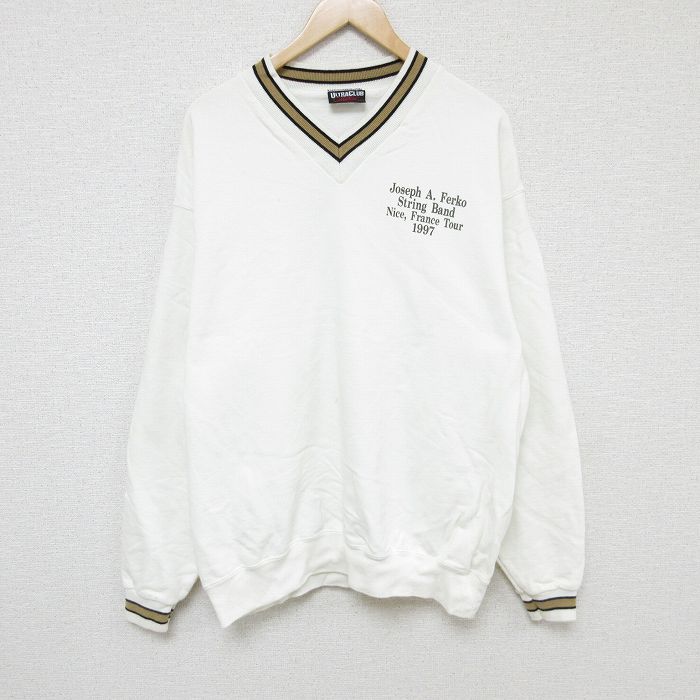 XL★古着 長袖 スウェット メンズ 90年代 90s Joseph 鹿の子 Vネック USA製 白 ホワイト 24oct29 中古 スエット トレーナー トップス