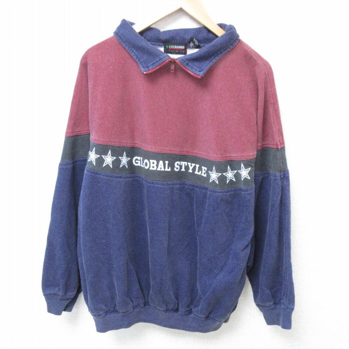 L★古着 長袖 ハーフジップ スウェット メンズ 00年代 00s 星 マルチカラー 紺 ネイビー 24oct29 中古 スエット トレーナー トップス