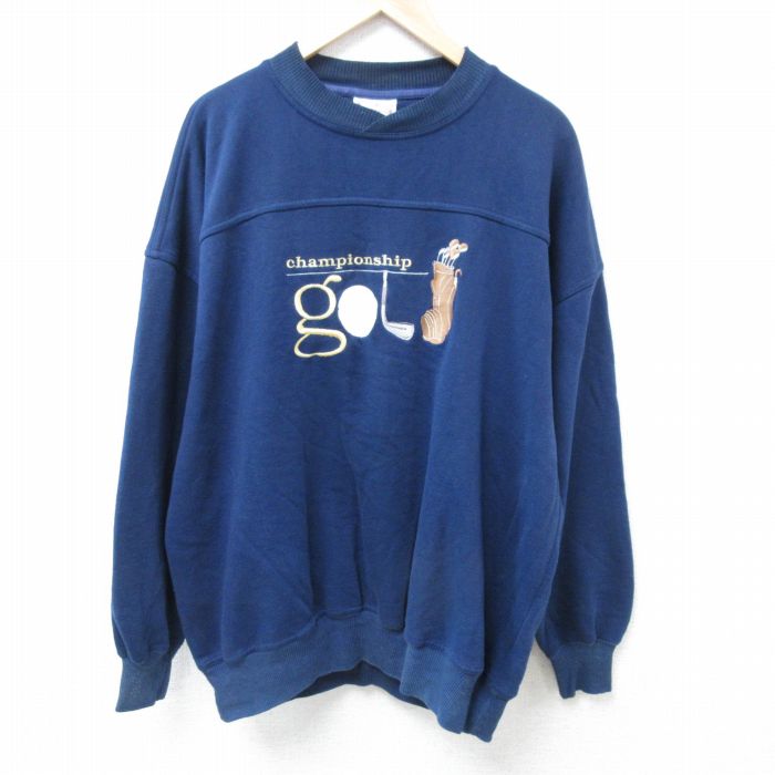 XL★古着 長袖 スウェット メンズ 00年代 00s ゴルフ 刺繍 大きいサイズ クルーネック 紺 ネイビー 24oct30 中古 スエット トレーナー トップス