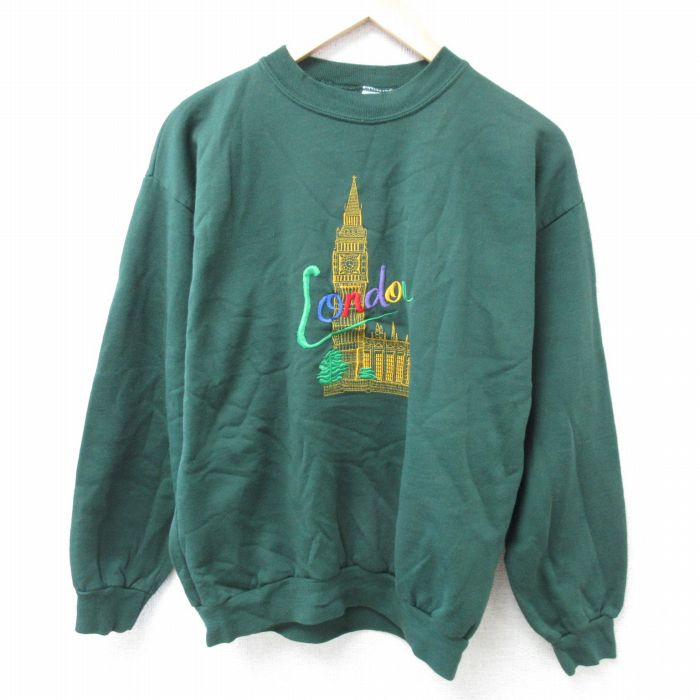 【50%OFF】M★古着 長袖 スウェット メンズ 00年代 00s ロンドン 刺繍 クルーネック イギリス製 緑 グリーン 【spe】 24oct30 中古 スエット トレーナー トップス