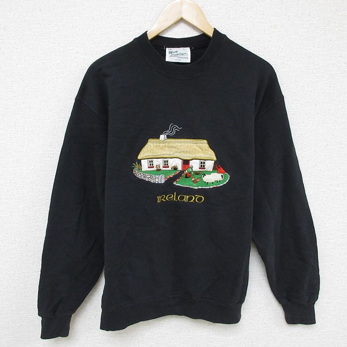L★古着 長袖 スウェット メンズ 00年代 00s アイルランド 家 刺繍 クルーネック 黒 ブラック 24nov11 中古 スエット トレーナー トップス