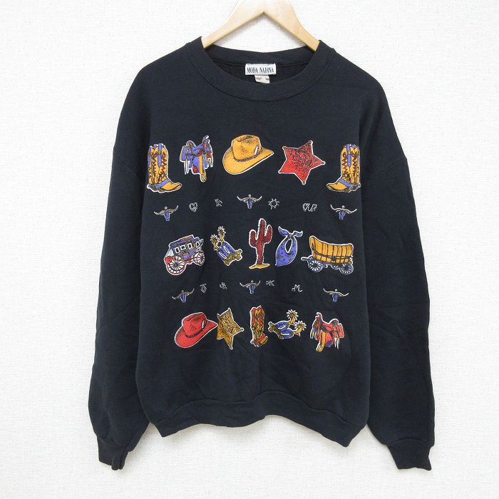 XL★古着 長袖 スウェット メンズ 90年代 90s カウボーイハット ブーツ コットン クルーネック USA製 黒 ブラック 24nov11 中古 スエット トレーナー トップス