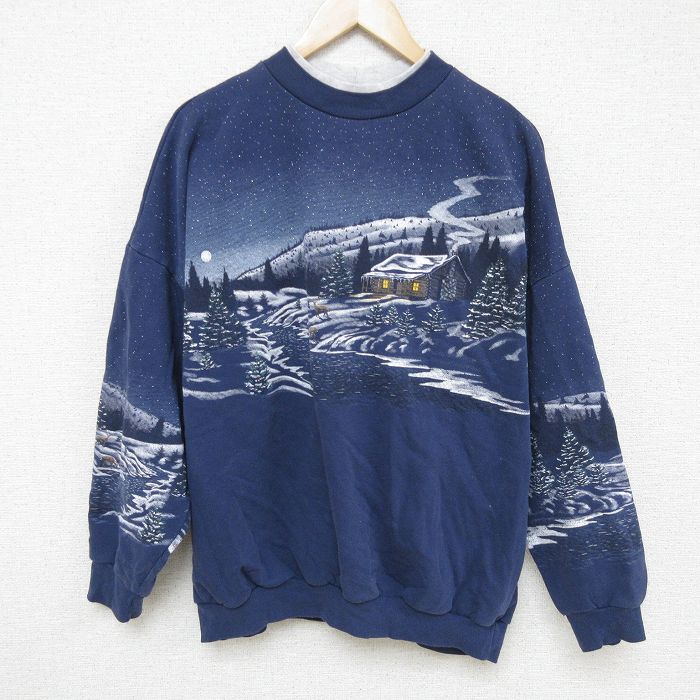 XL★古着 長袖 スウェット メンズ 90年代 90s 雪 シカ 大きいサイズ クルーネック USA製 紺 ネイビー 24nov11 中古 スエット トレーナー トップス