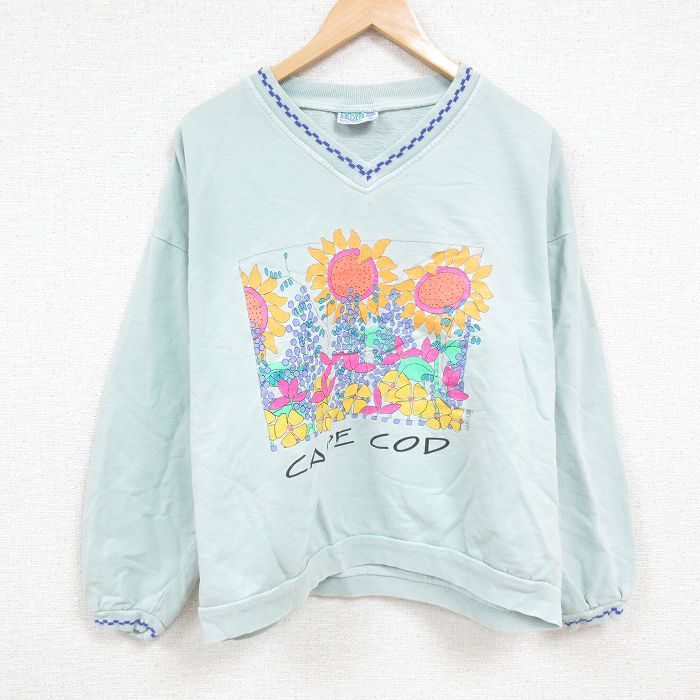 XL★古着 長袖 スウェット メンズ 90年代 90s ケープコッド ヒマワリ 大きいサイズ コットン Vネック USA製 薄緑 グリーン 24nov01 中古 スエット トレーナー トップス