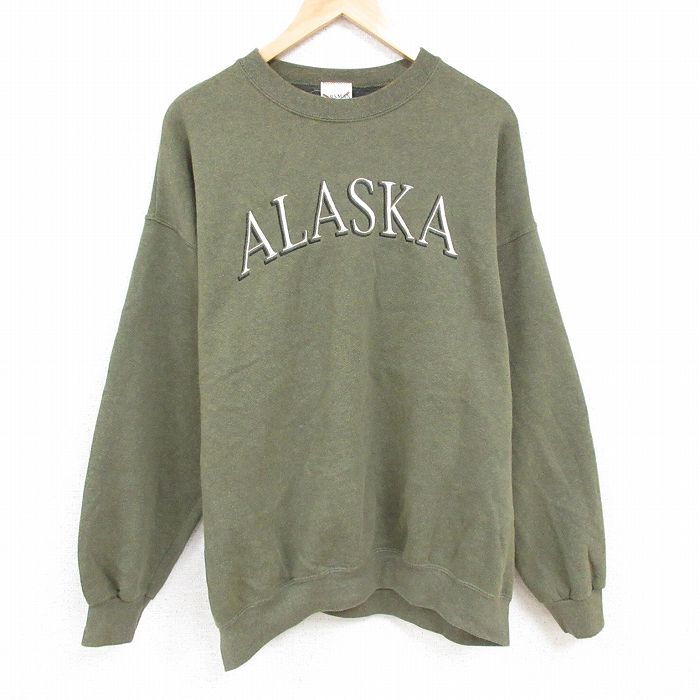 XL★古着 長袖 スウェット メンズ 00年代 00s アラスカ 刺繍 大きいサイズ クルーネック 緑 グリーン 霜降り 24nov01 中古 スエット トレーナー トップス