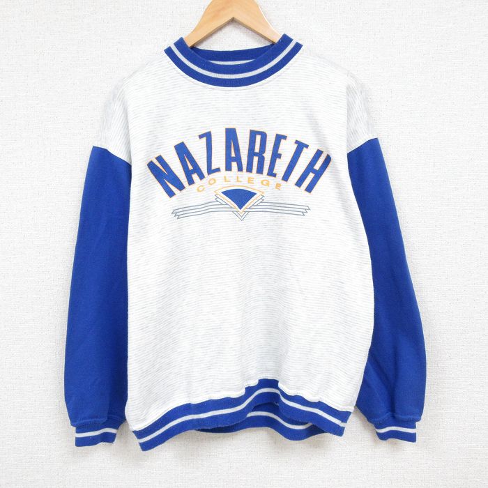 【50%OFF】XL★古着 長袖 スウェット メンズ 90年代 90s ナザレ カレッジ ツートンカラー クルーネック 青他 ブルー 霜降り 24nov01 中古 スエット トレーナー トップス