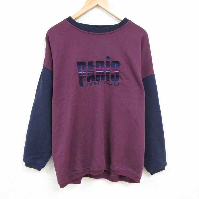 XL★古着 長袖 スウェット メンズ 00年代 00s PARIS 刺繍 ツートンカラー 大きいサイズ クルーネック エンジ他 24nov01 中古 スエット トレーナー トップス