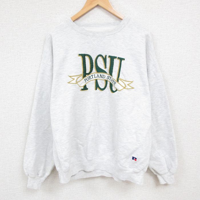XL★古着 ラッセル 長袖 スウェット メンズ 90年代 90s ポートランド 刺繍 大きいサイズ クルーネック USA製 薄グレー 霜降り 24nov02 中古 スエット トレーナー トップス