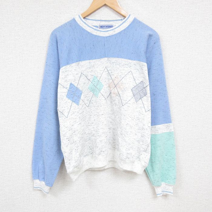 XL★古着 長袖 スウェット メンズ 00年代 00s 刺繍 マルチカラー ラグラン クルーネック 薄グレー他 霜降り 24nov02 中古 スエット トレーナー トップス