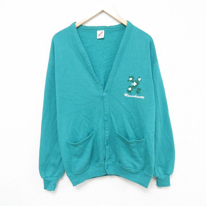L★古着 ジャージーズ 長袖 スウェット カーディガン メンズ 90年代 90s 花 USA製 青緑 24nov02 中古 スエット トレーナー トップス