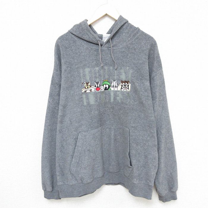 【50%OFF】XL★古着 長袖 フリース トップス パーカー メンズ 00年代 00s ルーニーテューンズ LOONEY TUNES マービンザマーシャン 表起毛 刺繍 濃グレー 24nov02 中古 スエット トレーナー