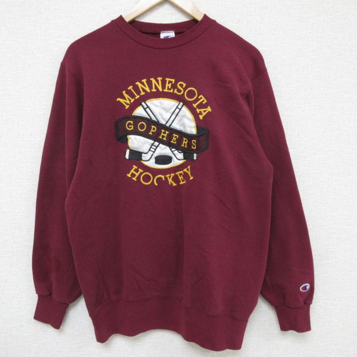 L★古着 チャンピオン Champion 長袖 スウェット メンズ 90年代 90s ミネソタ ホッケー 刺繍 クルーネック USA製 エンジ 24nov02 中古 スエット トレーナー トップス