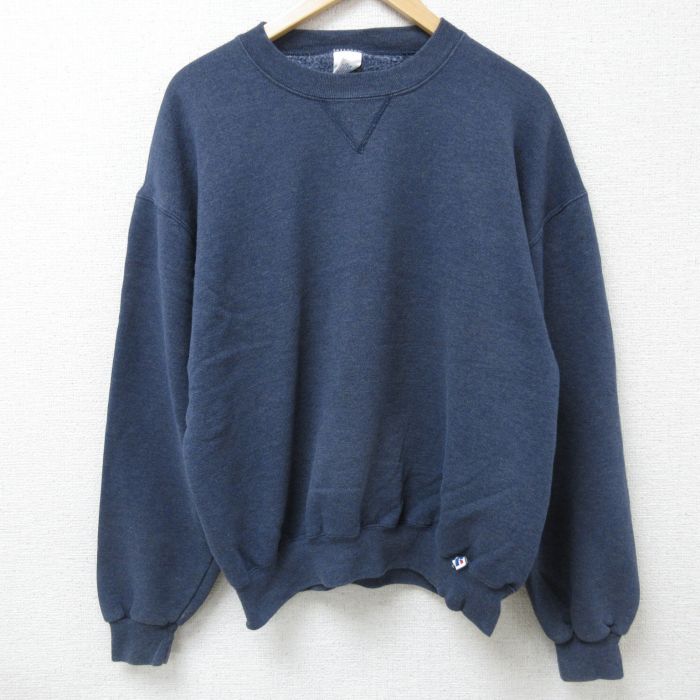 XL★古着 ラッセル 長袖 スウェット メンズ 無地 クルーネック 紺 ネイビー 霜降り 24nov02 中古 スエット トレーナー トップス