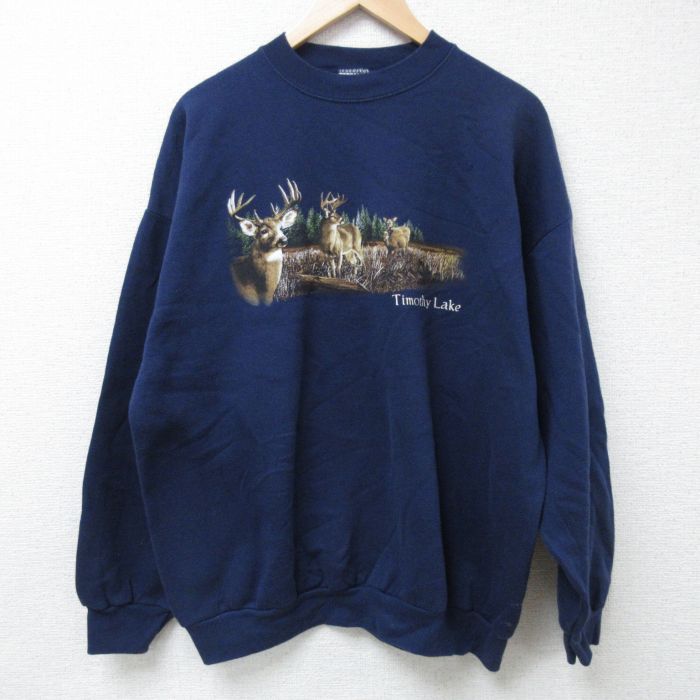 【20%OFF】XL★古着 長袖 スウェット メンズ 90年代 90s シカ クルーネック 紺 ネイビー 24nov02 中古 スエット トレーナー トップス