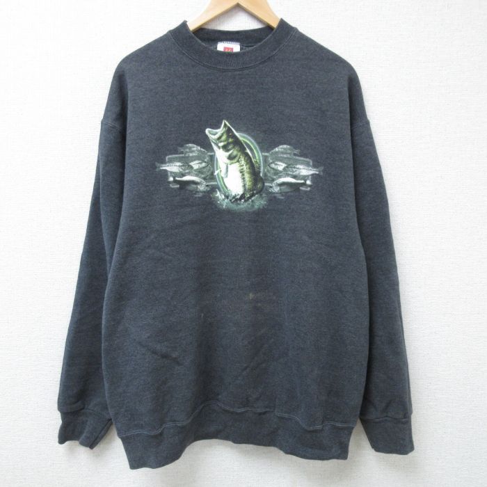 XL★古着 長袖 スウェット メンズ 魚 クルーネック 濃グレー 霜降り 24nov02 中古 スエット トレーナー トップス