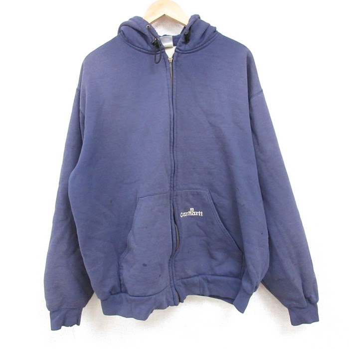 XL★古着 カーハート Carhartt 長袖 フルジップ スウェット パーカー メンズ 90年代 90s ワンポイントロゴ 大きいサイズ 紺 ネイビー 内側サーマル 【spe】 24nov05 中古 スエット トレーナー トップス