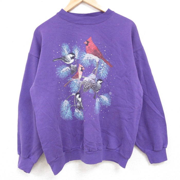 L★古着 TULTEX 長袖 スウェット メンズ 90年代 90s 鳥 木 クルーネック USA製 紫 パープル 24nov05 中古 スエット トレーナー トップス