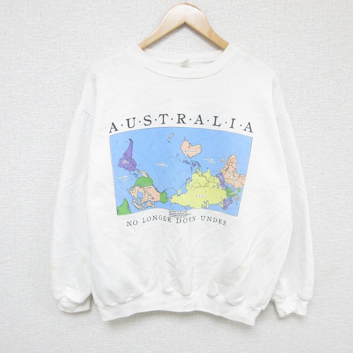 【50%OFF】L★古着 長袖 スウェット メンズ 90年代 90s 地図 オーストラリア クルーネック オーストラリア製 白 ホワイト 24nov05 中古 スエット トレーナー トップス