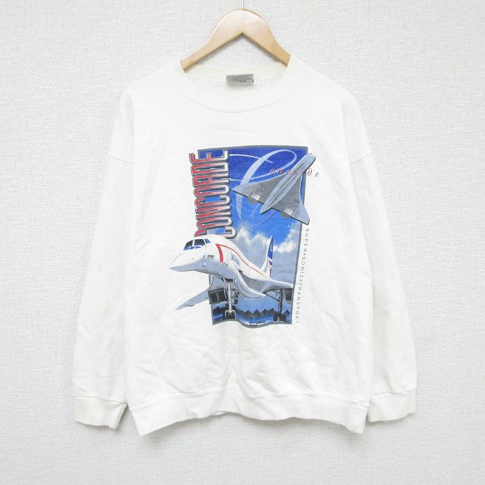L★古着 長袖 スウェット メンズ 00年代 00s 飛行機 クルーネック カナダ製 白 ホワイト 24nov05 中古 スエット トレーナー トップス